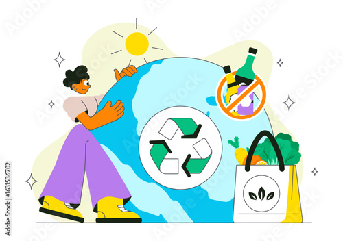 Eco Habit Illustration Featuring People Sorting Waste, Using Eco Bags, and Reusable Cups for Zero Waste and Sustainable Living in a Lifestyle Theme