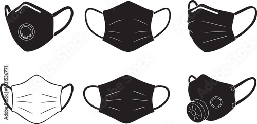 Six Black and White Silhouette Icons of Face Masks and Respirators medical mask protection