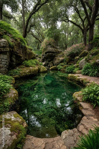 Serene, mossy pool nestled in a shaded, rock garden