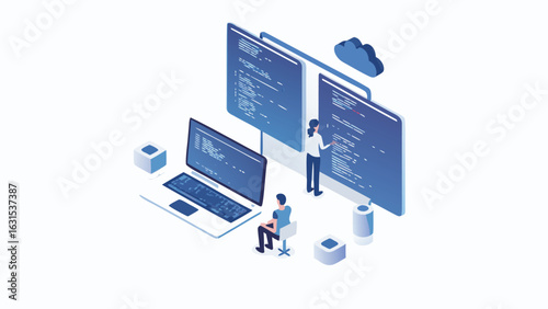 Isometric view of developers coding with laptop and large screens in a cloud computing environment