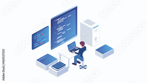 Isometric illustration of a developer working on a laptop with code screens and server nearby