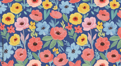 Vibrant floral pattern with a painterly touch, featuring colorful blossoms and lush green leaves against a dark blue backdrop