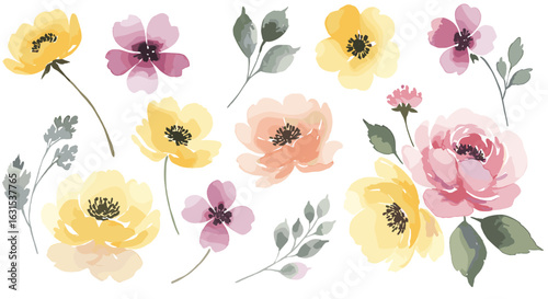 Watercolor floral arrangement with yellow, pink, and peach blossoms and delicate green leaves on a white backdrop
