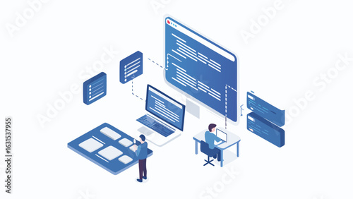 Isometric illustration of developers working on computers and interconnected devices and screens