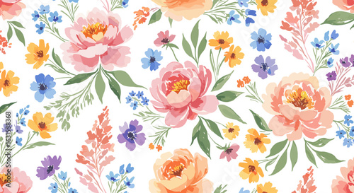 Elegant floral pattern background with watercolor peonies, daisies and forget-me-nots for wedding and spring designs