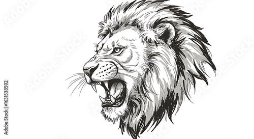 Stylized Black and White Lion Head Illustration with Fierce Expression in Artistic Style