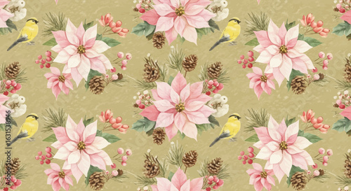 Seamless pattern with pink poinsettias, pine cones, berries and yellow birds for Christmas and winter holiday season