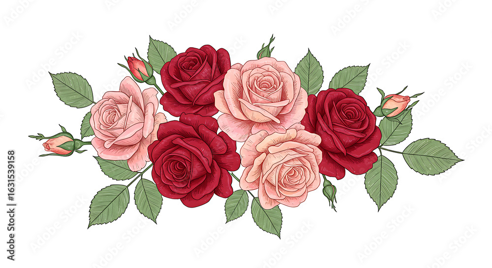 Naklejka premium Elegant Rose Bouquet with Red and Pink Flowers and Green Leaves for Floral Decoration