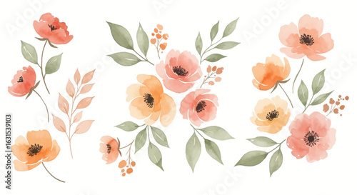Watercolor floral arrangement featuring peach, orange, and pink flowers with green leaves on a white background for design
