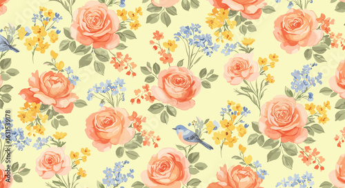 Seamless floral pattern with peach roses, yellow and blue wildflowers and leaves on a light yellow background