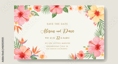 Elegant floral wedding save the date card design featuring vibrant hibiscus flowers and tropical leaves for a summer celebration
