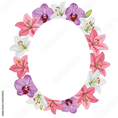 Floral oval frame featuring pink lilies, white lilies and purple orchids, creating a beautiful botanical arrangement