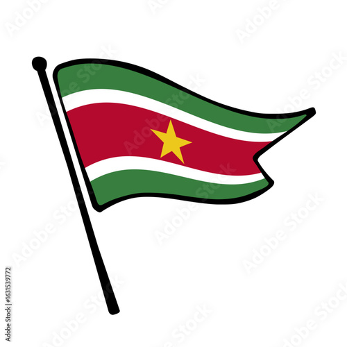 Flag of Suriname. Suriname flag vector illustration icon design in the hand-drawn style. Fluttering flagpole flag.