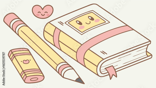 Kawaii school supplies illustration featuring book pencil and eraser for back to school designs