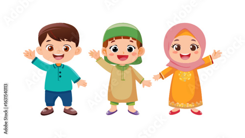 Muslim kids cartoon vector illustration islamic children eid mubarak ramadan kareem greeting design