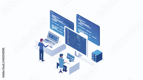 Isometric view of two developers working on computers with code windows and server tower near them
