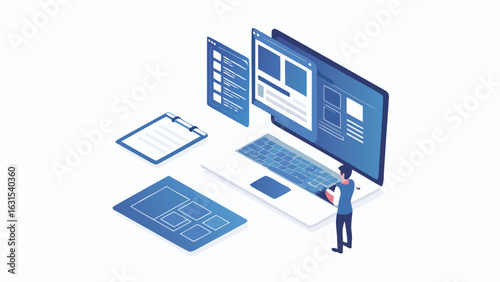 Isometric illustration of a person using a laptop with floating windows and documents around it