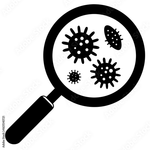 Magnifying glass virus bacteria microbe pathogen germ silhouette vector illustration