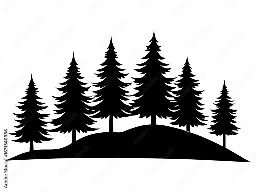 Obraz premium Evergreen trees forest on hill silhouette vector illustration