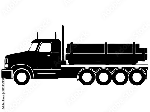 Flatbed truck transporting logs black silhouette vector illustration