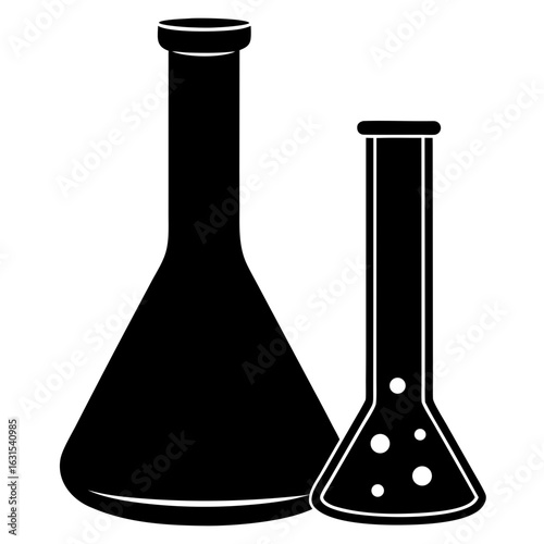 Two flasks laboratory glassware equipment silhouette vector illustration