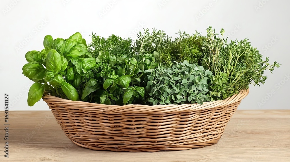 Fototapeta premium A wicker basket filled with an assortment of fresh herbs on a wooden surface against a white background