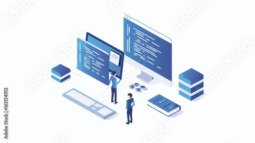 Isometric illustration of developers working with code on computers and data storage units shown