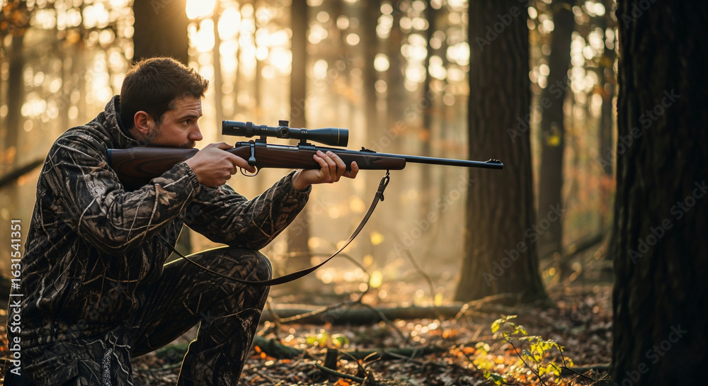 Naklejka premium A hunter, clad in camouflage in a forest 