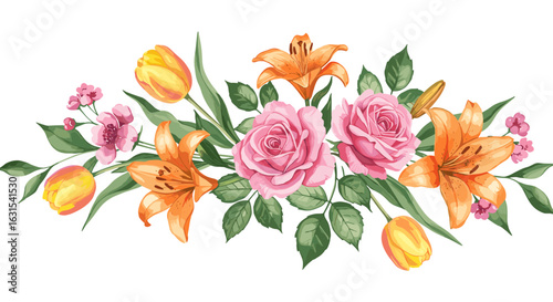 Floral arrangement featuring roses, lilies, and tulips with lush green leaves in a decorative display of spring blooms