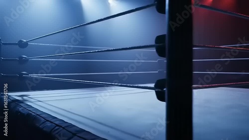 Dramatic Low Angle View of Empty Wrestling Ring with Moody Lighting