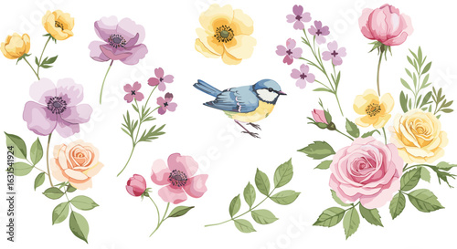 Charming bird amidst a delicate array of roses, anemones, and wildflowers in a serene botanical arrangement