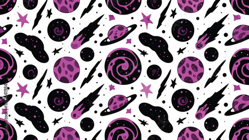A whimsical pattern featuring planets comets stars and galaxies in black and purple on white background