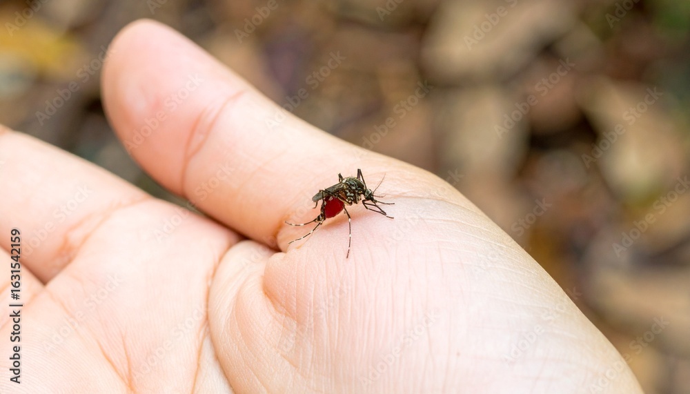 Obraz premium Bloodthirsty Mosquito Feasting on Human Hand, A Close-Up View of a Mosquito Sucking Blood from a Person's Skin
