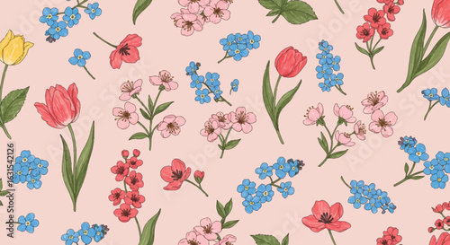Floral pattern with tulips, cherry blossoms, and forget-me-nots in a seamless repeat design, set against a light pink backdrop for spring decoration