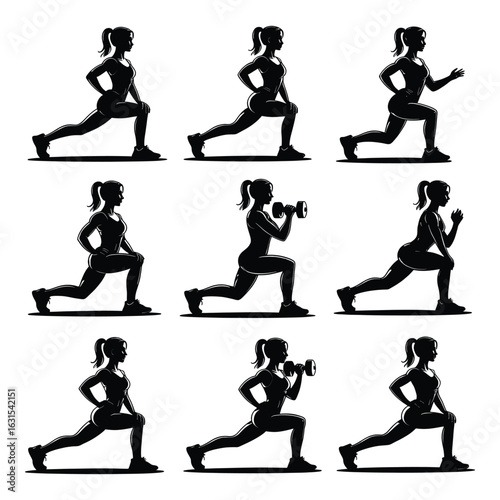Silhouettes of Woman Performing Lunges and Exercises Training for Fitness and Health in Different Poses Vector Illustration