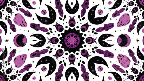 Symmetrical pattern with celestial elements and abstract shapes in black and purple color scheme art