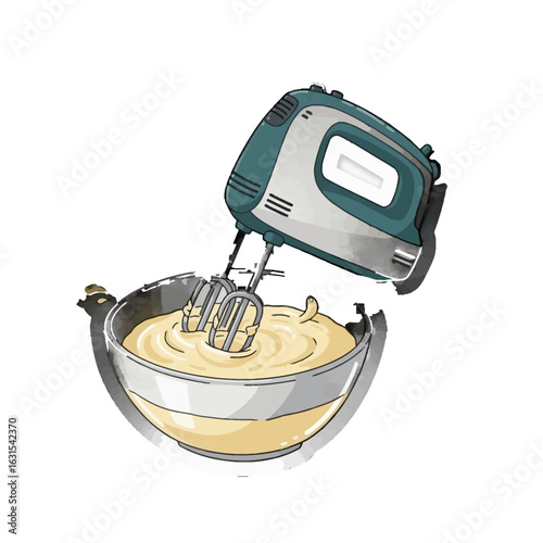 Illustration of a hand mixer blending batter in a bowl, showcasing kitchen tools and food preparation for baking enthusiasts and culinary arts.