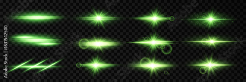 Set of flashes of light and stars. Light effects, glare, green light. Vector illustration. On a transparent background.