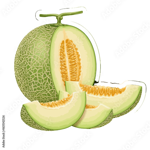 Fresh cantaloupe illustration featuring a whole melon, a halved melon, and several slices displaying its juicy orange flesh
