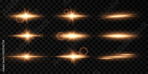 Set of flashes of light and stars. Light effects, glare, golden light. Vector illustration. On a transparent background.