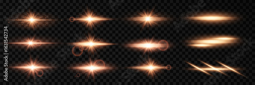 Set of flashes of light and stars. Light effects, glare, golden light. Vector illustration. On a transparent background.