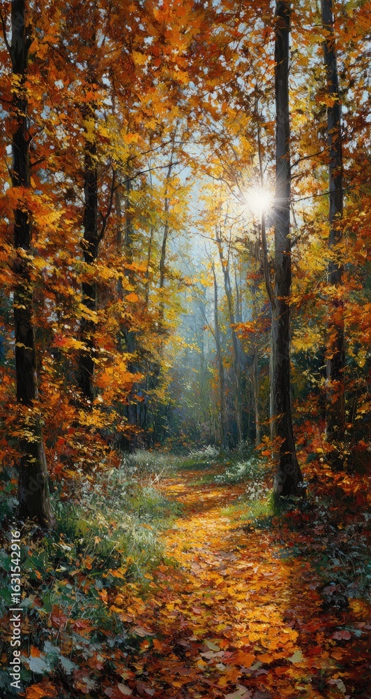 Obraz premium Autumnal forest path bathed in sunlight (1)