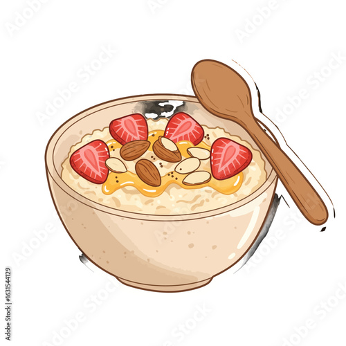 Delicious oatmeal bowl illustration with fresh strawberries, almonds and honey, served with a wooden spoon for a healthy breakfast option.