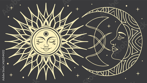 Sun and moon celestial astrology design, mystical lunar and solar magic illustration vector art print