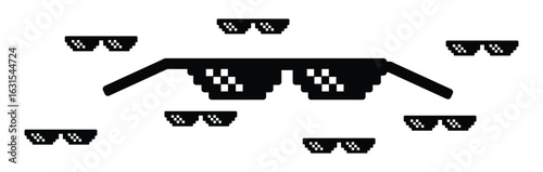 black sunglasses. Pixel art sunglasses with white light reflection and white background. Pixel Art Shades Cool Thug Glasses Vector Illustration.