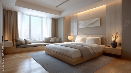 Modern minimalist hotel room with large bed, beige walls and curtains, wide-angle view, soft lighting and warm tones creating elegant and comfortable interior atmosphere