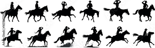 Silhouettes of cowboys riding horses, dynamic equestrian poses, western theme, vector illustration, black and white, high-quality design, Adobe Stock ready