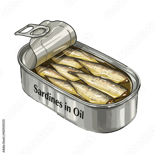 Artistic depiction of an open tin can filled with sardines preserved in oil, showcasing the rich colors and textures of the fish and the container.