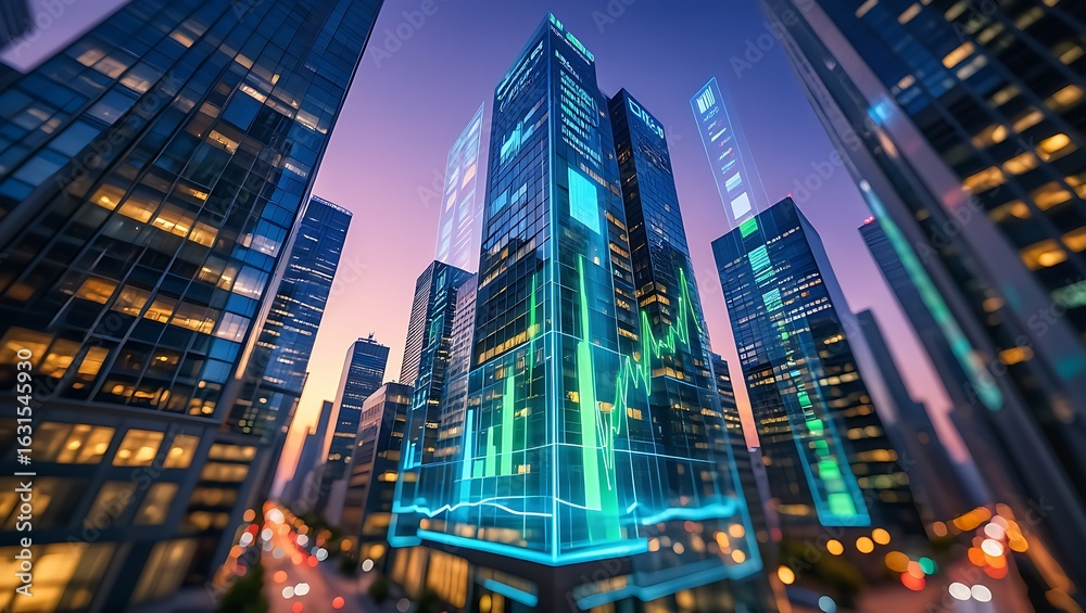 Obraz premium Futuristic Cityscape with Glowing Financial Data Visualizations and Modern Architecture for Business and Innovation Concepts