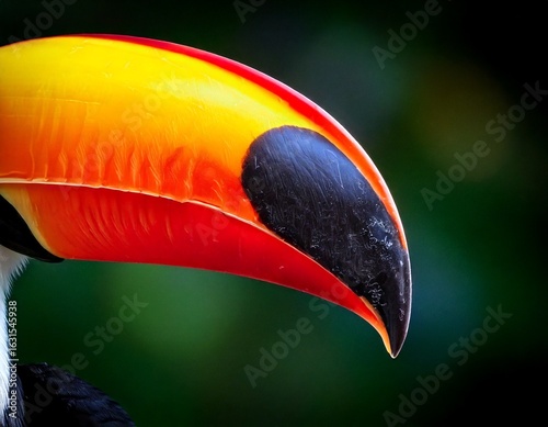 Close up of a vibrant toucan beak with striking colors and texture